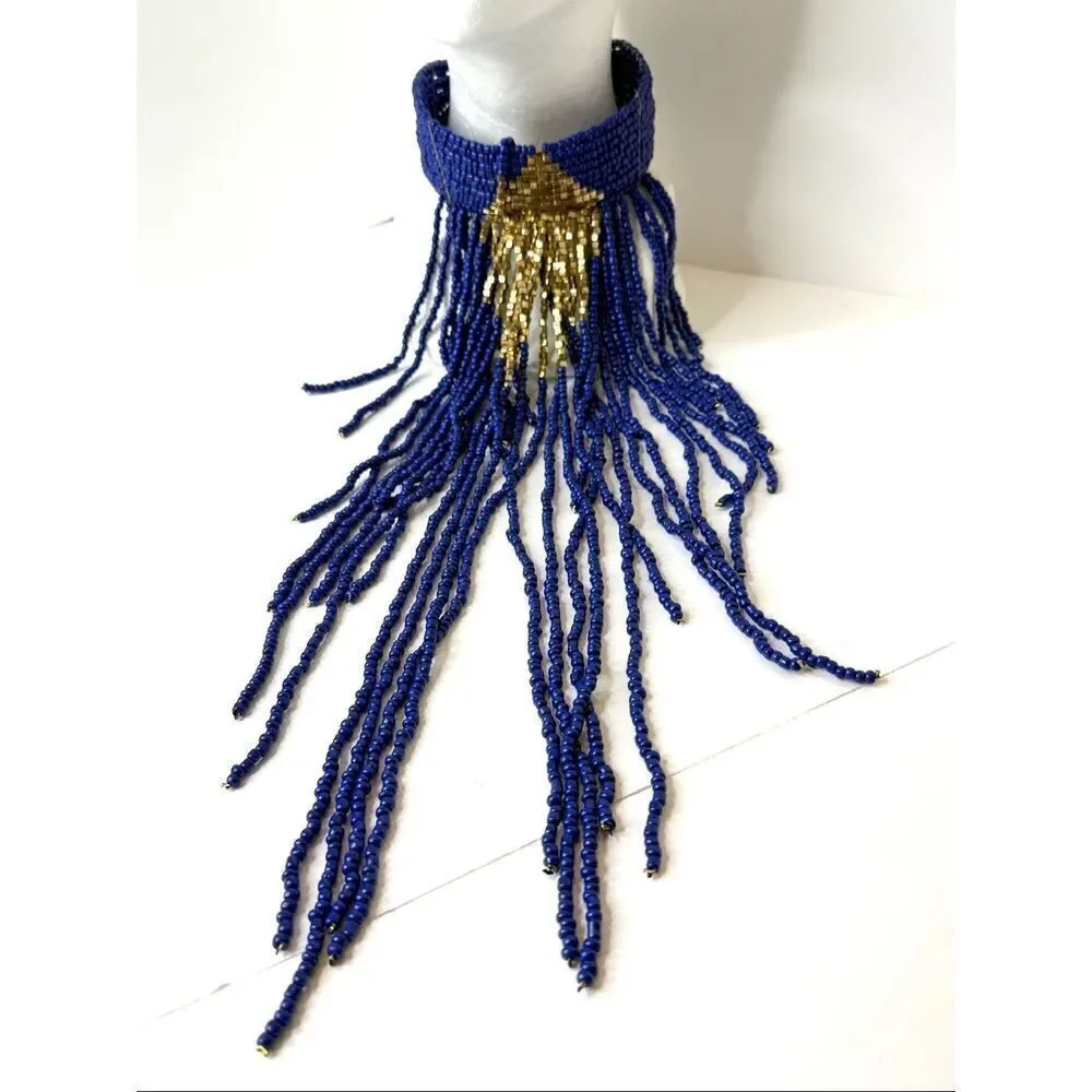 Belly Dance Blue Beaded Fringe Necklace Tribal Fusion Costume Jewelry Boho